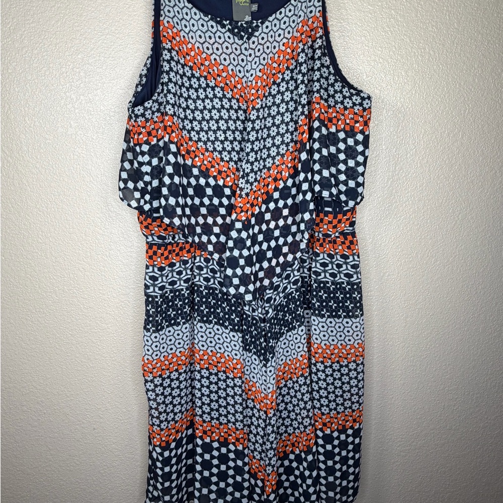 Taylor Navy and Orange Geometric Midi Sz 20W Bohemian Abstract Flowy